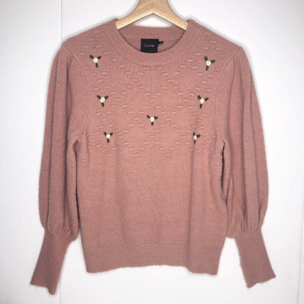 Cliche Women Knit Blush Pink Sweater XS Juliet Sleeve Hand Embroidered Flowers